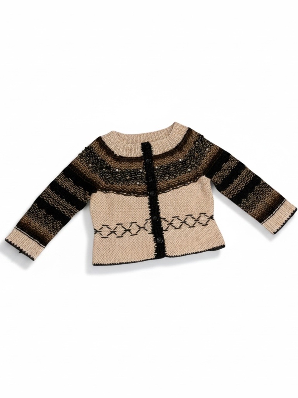 MOSCHINO Alpaca Wooo Knit Cardigan Sweater 2/3 Cropped Sleeve Brown Cream 6 S XS